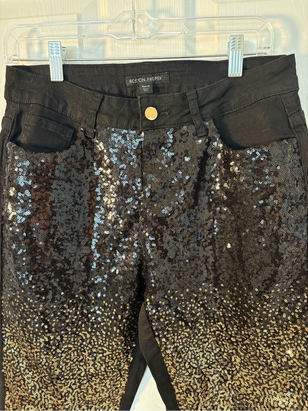 Boston Proper Black Sequin Pants with Metallic Button - Picture 4 of 6